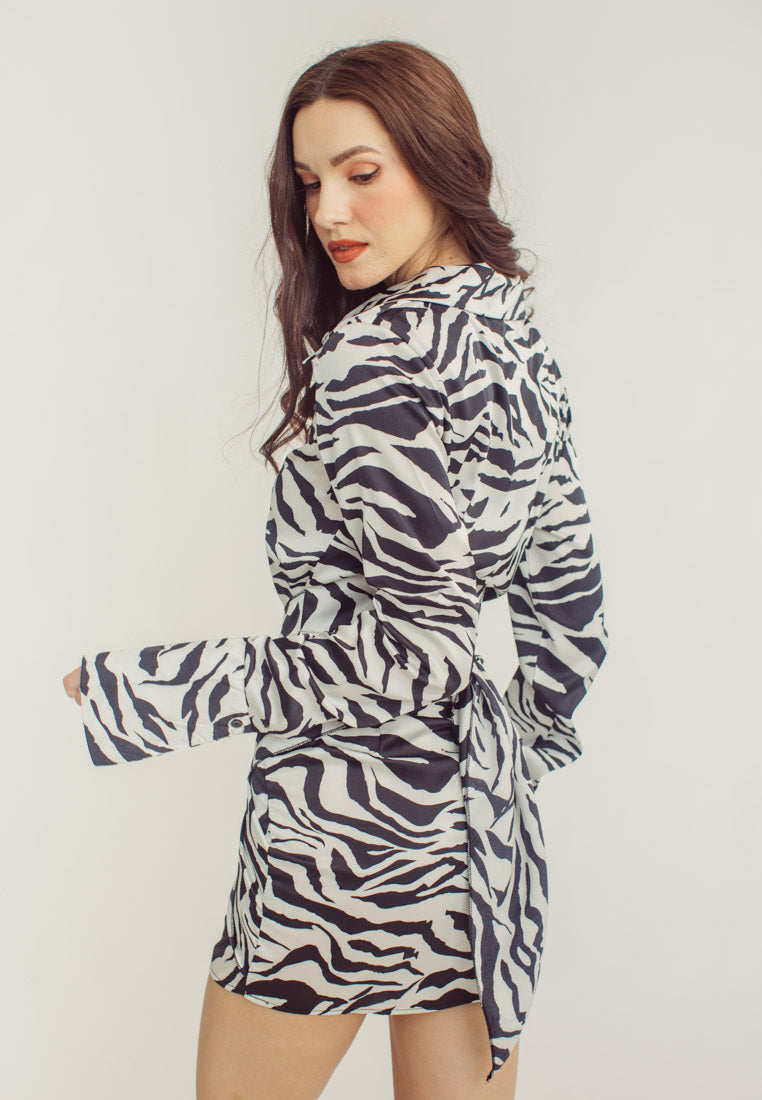 Arlene Zebra Print Tie Waist Collar Long Sleeve Mini Dress