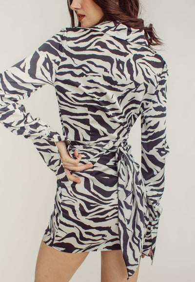 Arlene Zebra Print Tie Waist Collar Long Sleeve Mini Dress