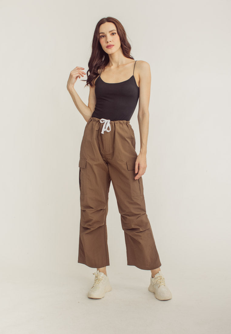 Akio Brown Drawstring Waist Multi-Pockets Wide Leg Cargo Pants