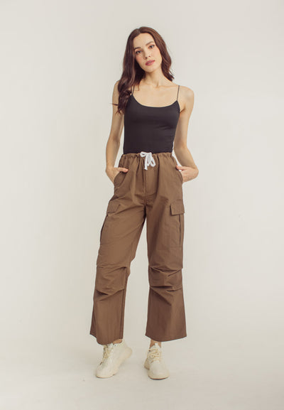 Akio Brown Drawstring Waist Multi-Pockets Wide Leg Cargo Pants