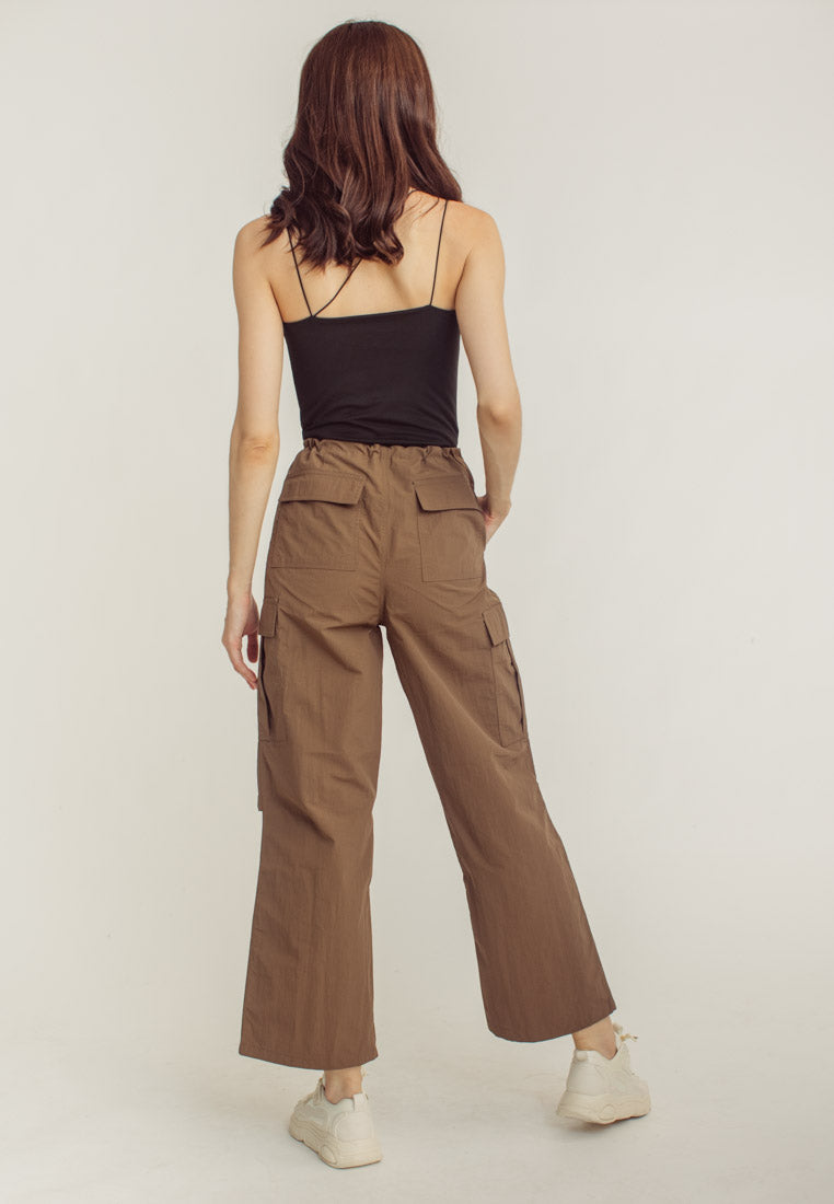 Akio Brown Drawstring Waist Multi-Pockets Wide Leg Cargo Pants