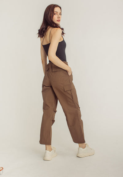 Akio Brown Drawstring Waist Multi-Pockets Wide Leg Cargo Pants