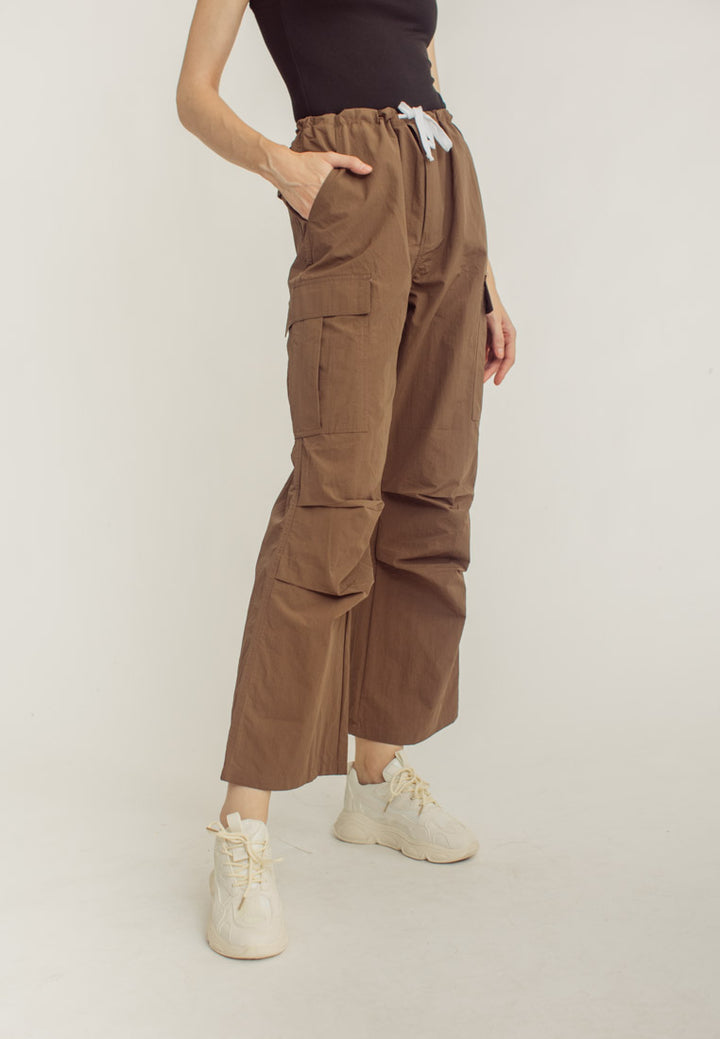 Akio Brown Drawstring Waist Multi-Pockets Wide Leg Cargo Pants