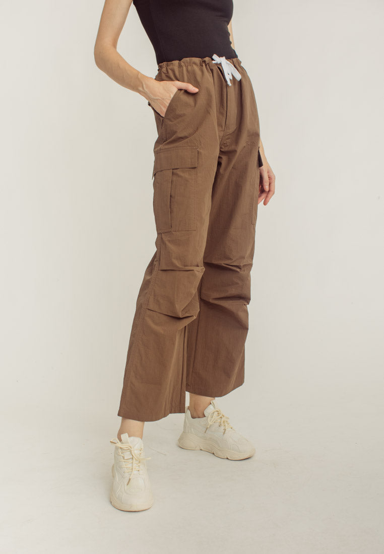 Akio Brown Drawstring Waist Multi-Pockets Wide Leg Cargo Pants
