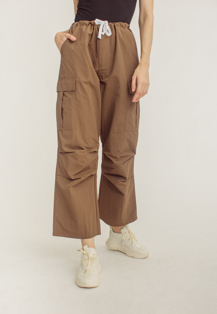 Akio Brown Drawstring Waist Multi-Pockets Wide Leg Cargo Pants