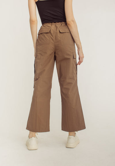 Akio Brown Drawstring Waist Multi-Pockets Wide Leg Cargo Pants