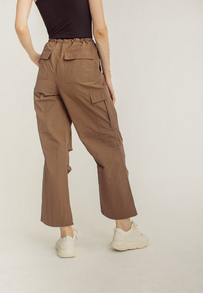 Akio Brown Drawstring Waist Multi-Pockets Wide Leg Cargo Pants