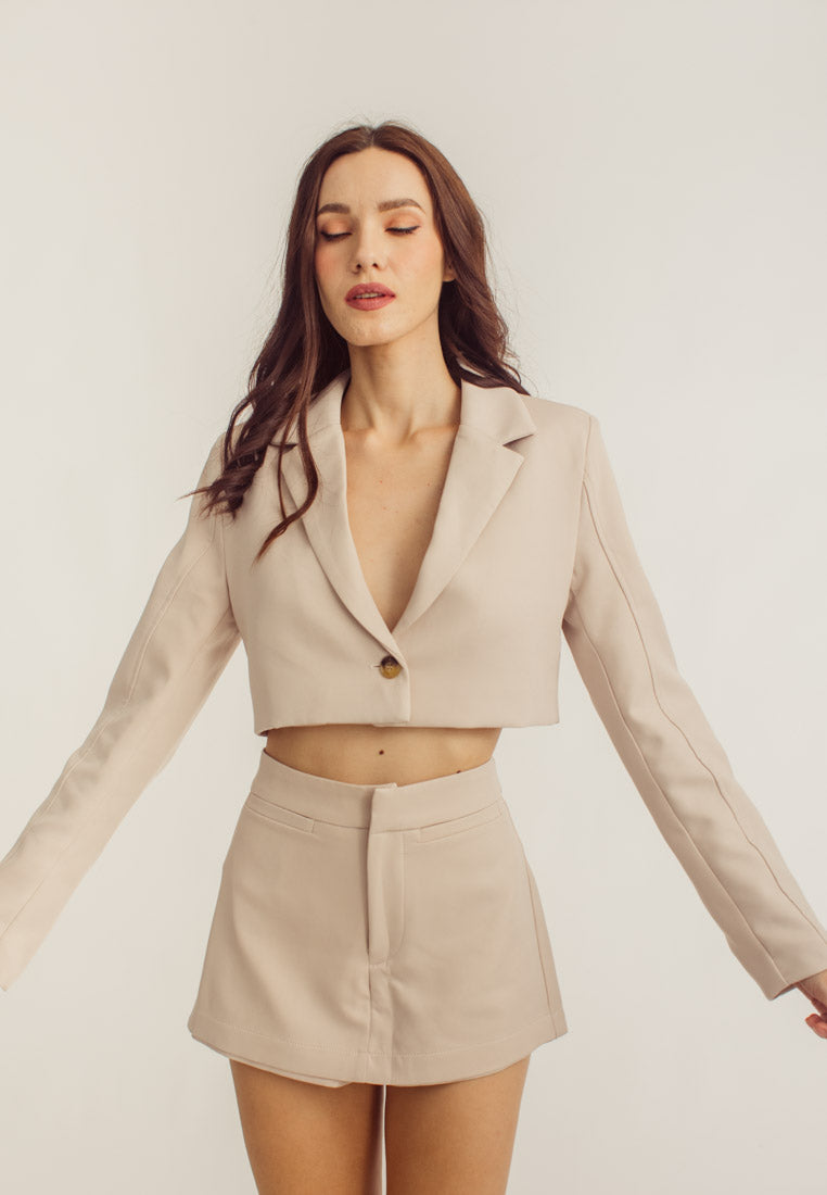 Vica Cream Notched Collar V Neck Long Sleeves Crop Blazer