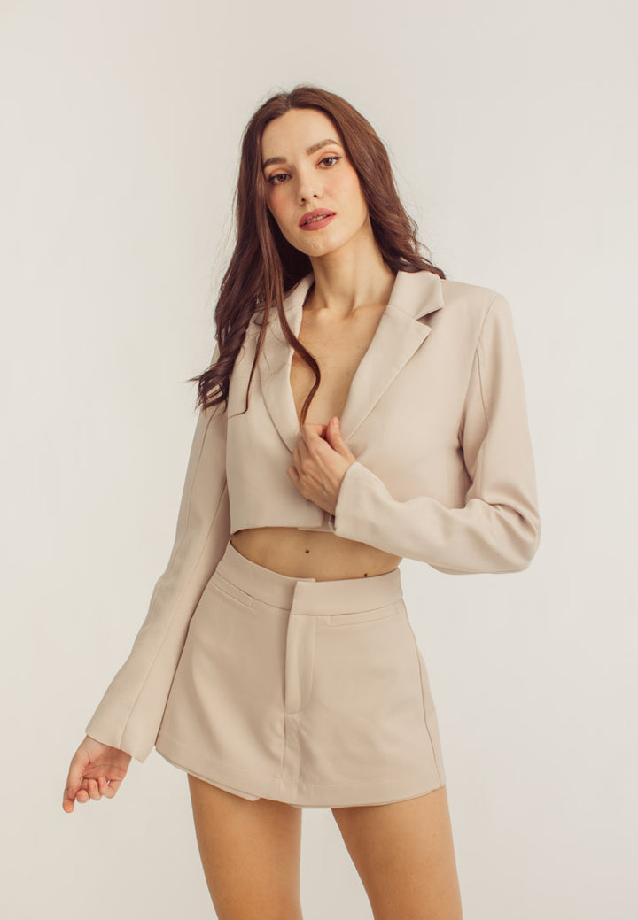 Vica Cream Notched Collar V Neck Long Sleeves Crop Blazer