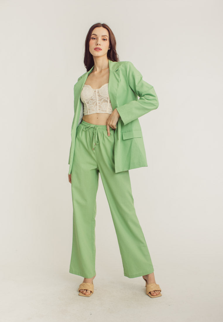 Dennis Apple Green Wide Leg Drawstring Garter Waist Pants