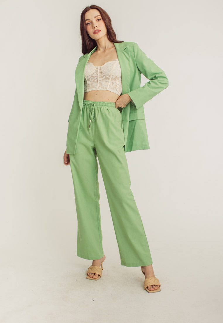 Dennis Apple Green Wide Leg Drawstring Garter Waist Pants
