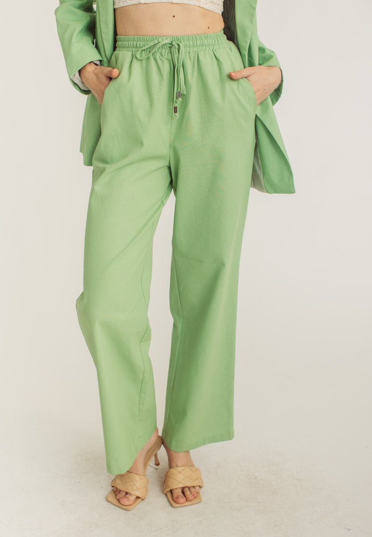 Dennis Apple Green Wide Leg Drawstring Garter Waist Pants
