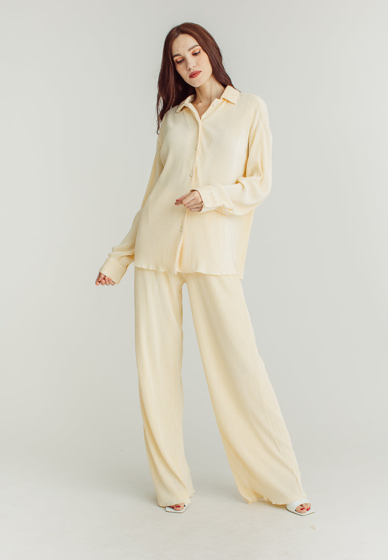 Allie Cream Silhouette Long Sleeve Collar Button And Pants Loungewear Set