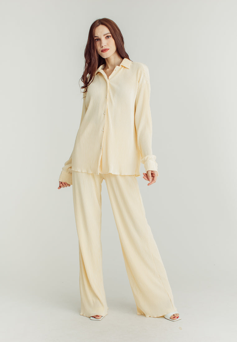 Allie Cream Silhouette Long Sleeve Collar Button And Pants Loungewear Set