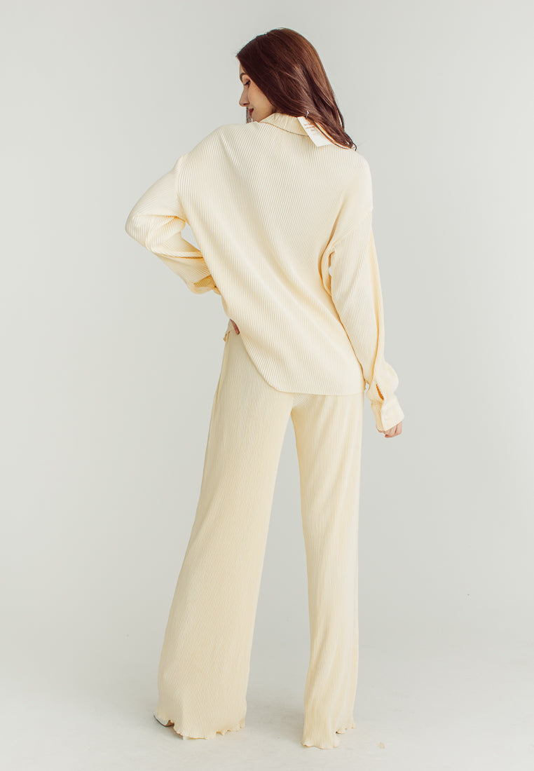 Allie Cream Silhouette Long Sleeve Collar Button And Pants Loungewear Set