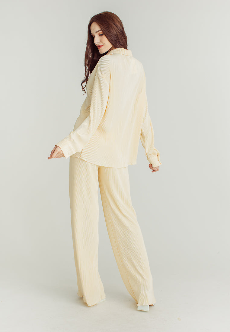 Allie Cream Silhouette Long Sleeve Collar Button And Pants Loungewear Set