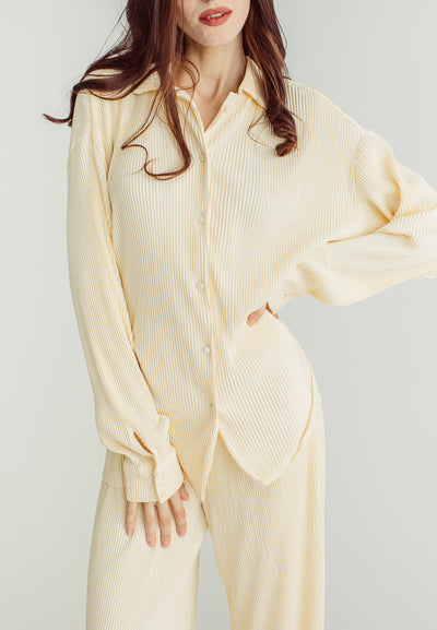 Allie Cream Silhouette Long Sleeve Collar Button And Pants Loungewear Set