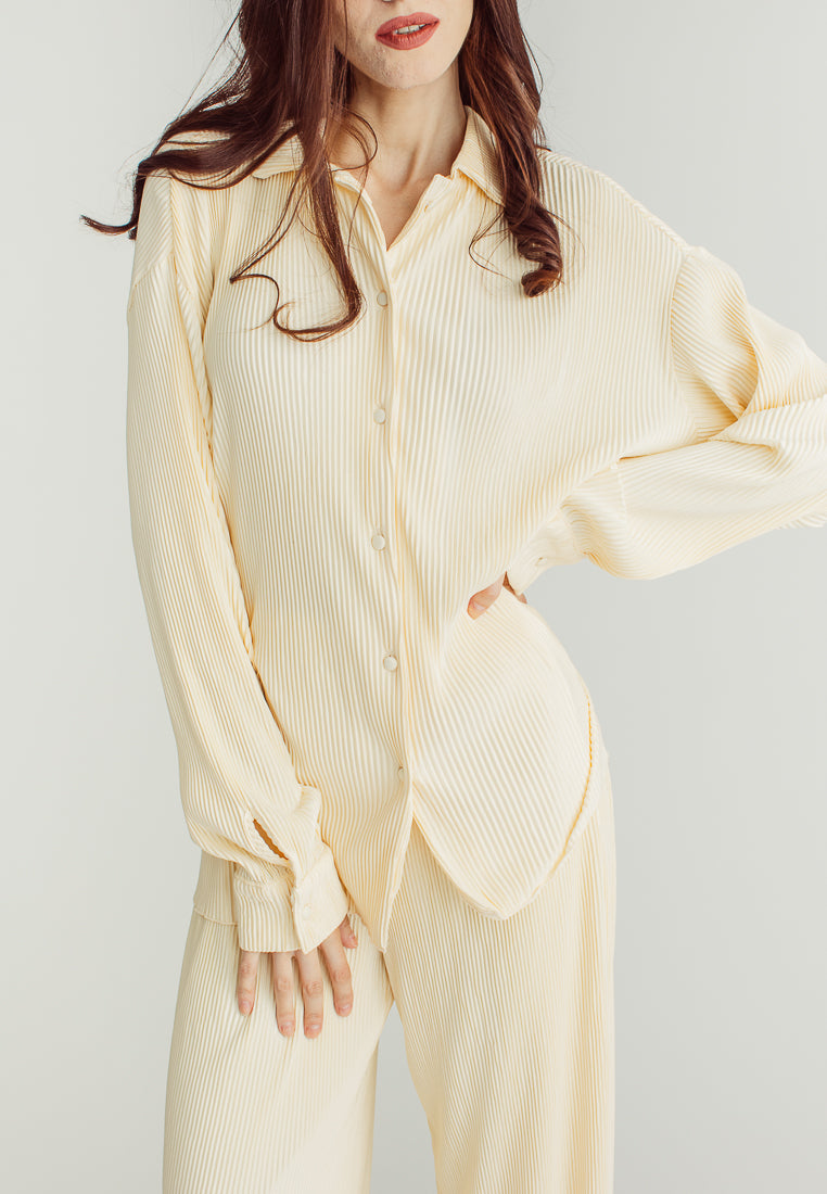 Allie Cream Silhouette Long Sleeve Collar Button And Pants Loungewear Set