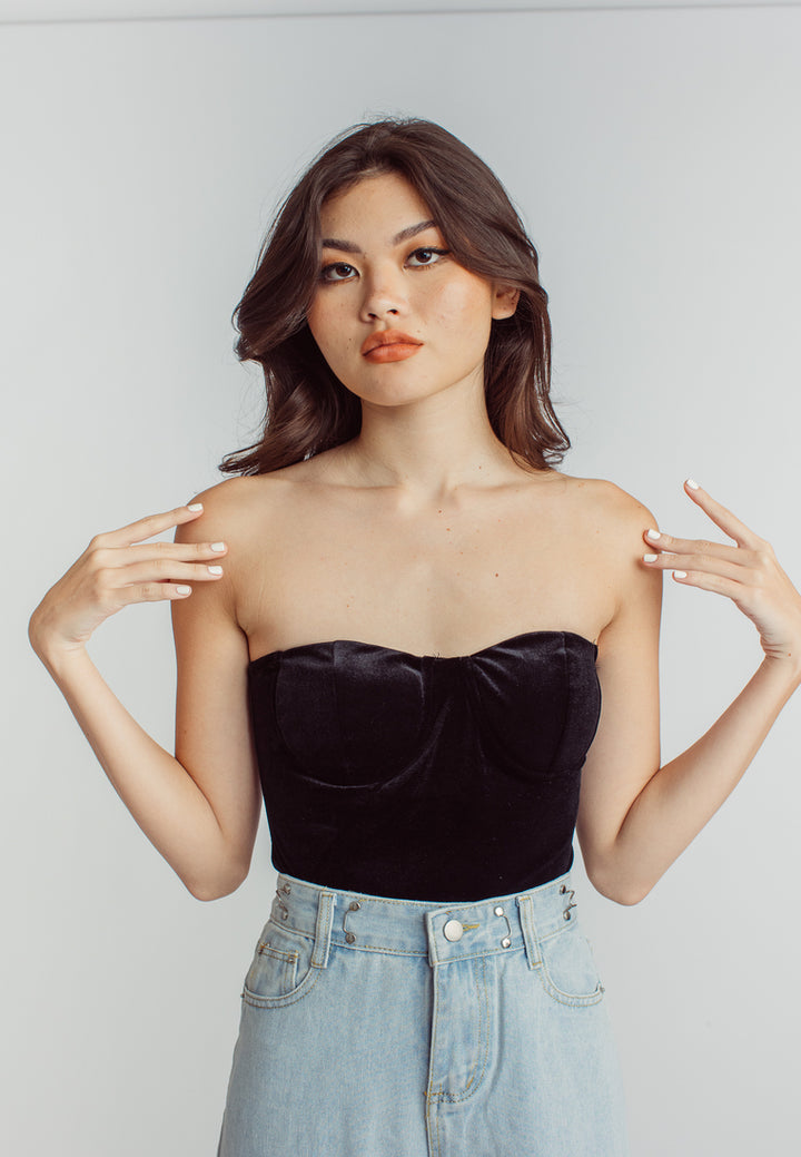 Aud Black Velvet Sweetheart Neckline Tube Bodysuit