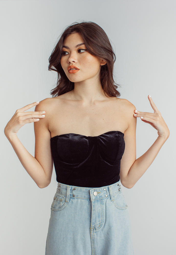 Aud Black Velvet Sweetheart Neckline Tube Bodysuit