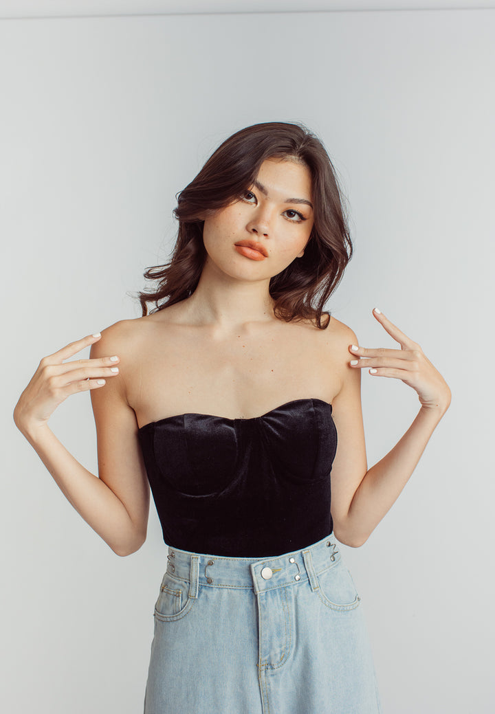 Aud Black Velvet Sweetheart Neckline Tube Bodysuit