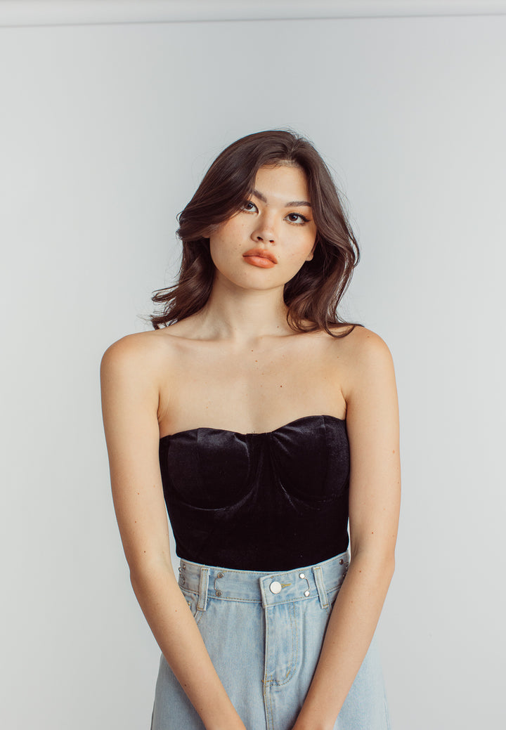 Aud Black Velvet Sweetheart Neckline Tube Bodysuit