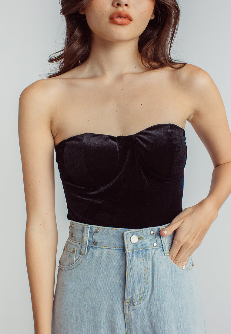 Aud Black Velvet Sweetheart Neckline Tube Bodysuit
