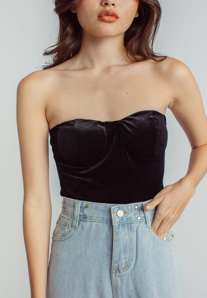 Aud Black Velvet Sweetheart Neckline Tube Bodysuit