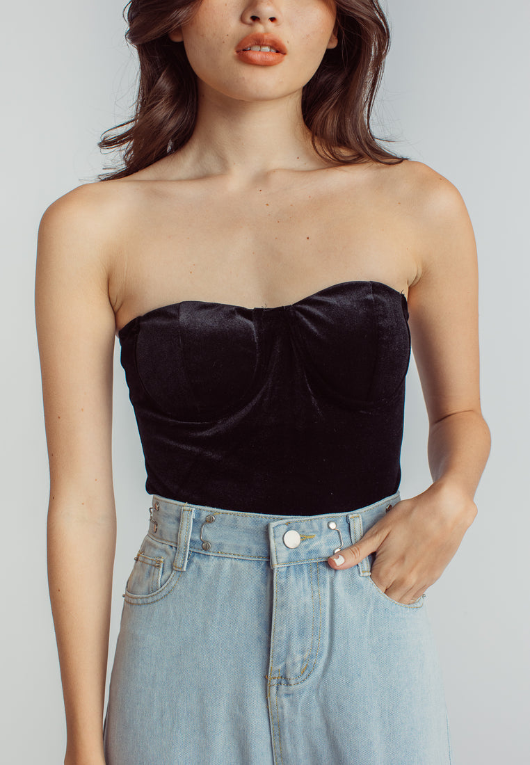 Aud Black Velvet Sweetheart Neckline Tube Bodysuit