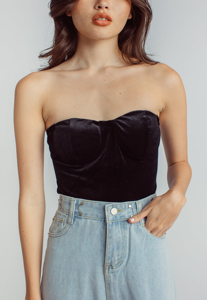 Aud Black Velvet Sweetheart Neckline Tube Bodysuit