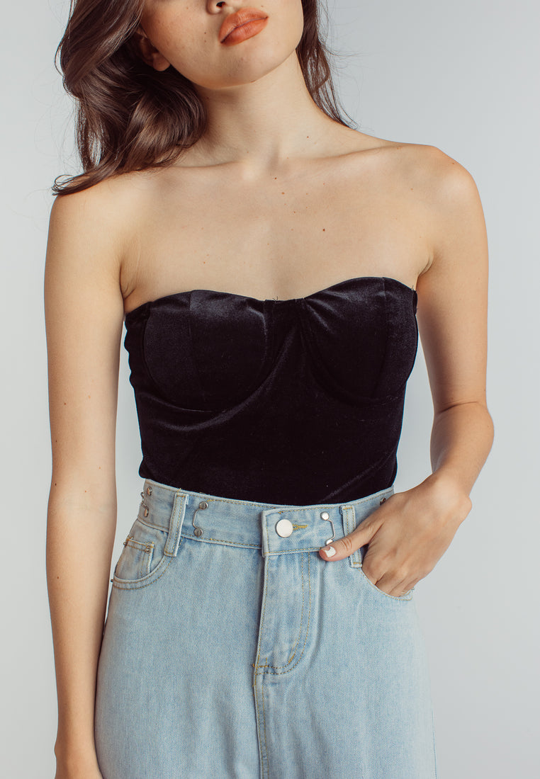 Aud Black Velvet Sweetheart Neckline Tube Bodysuit