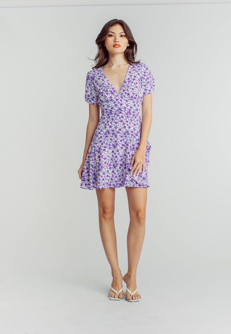 Harlene Purple Floral Print V Neckline Short Sleeve Mini Dress