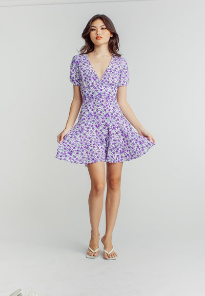 Harlene Purple Floral Print V Neckline Short Sleeve Mini Dress