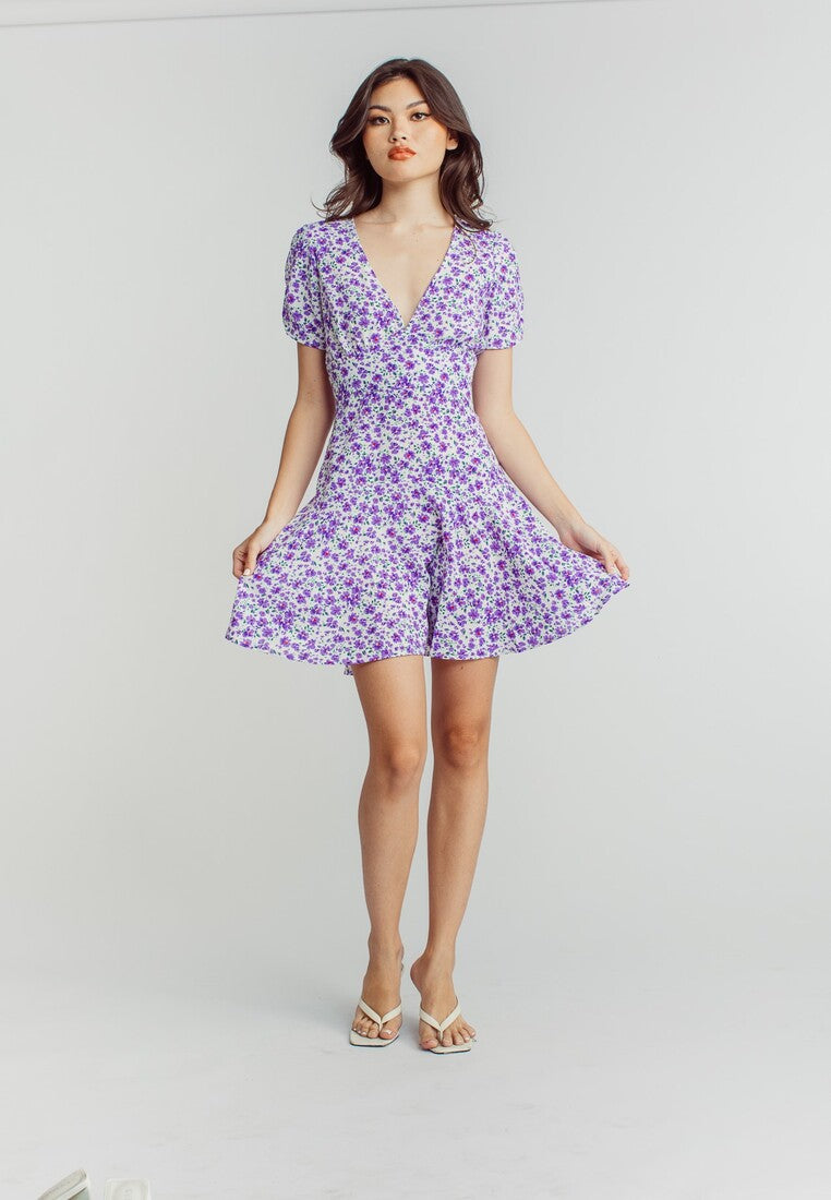 Harlene Purple Floral Print V Neckline Short Sleeve Mini Dress