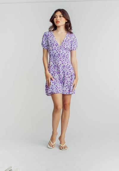 Harlene Purple Floral Print V Neckline Short Sleeve Mini Dress