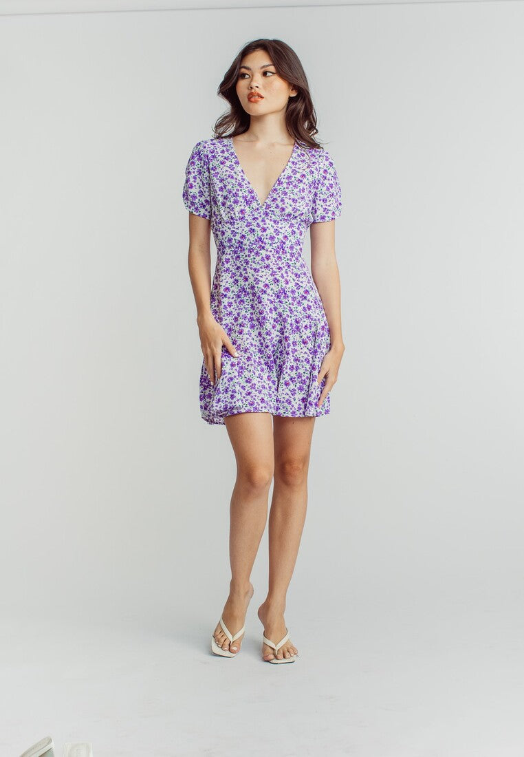 Harlene Purple Floral Print V Neckline Short Sleeve Mini Dress