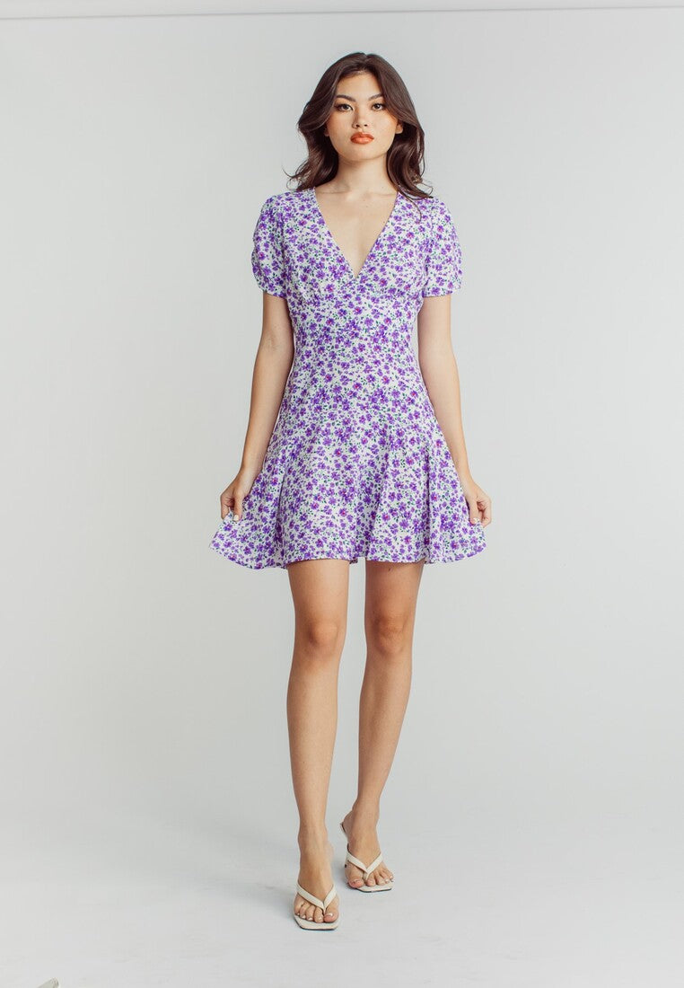 Harlene Purple Floral Print V Neckline Short Sleeve Mini Dress