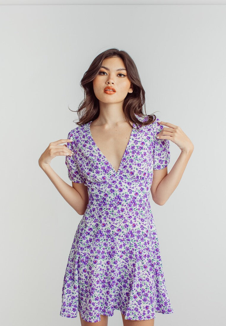 Harlene Purple Floral Print V Neckline Short Sleeve Mini Dress