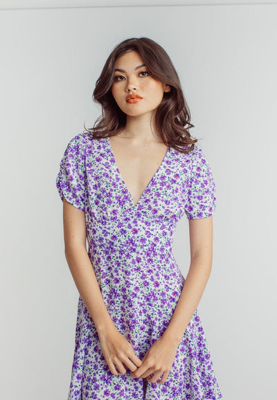 Harlene Purple Floral Print V Neckline Short Sleeve Mini Dress