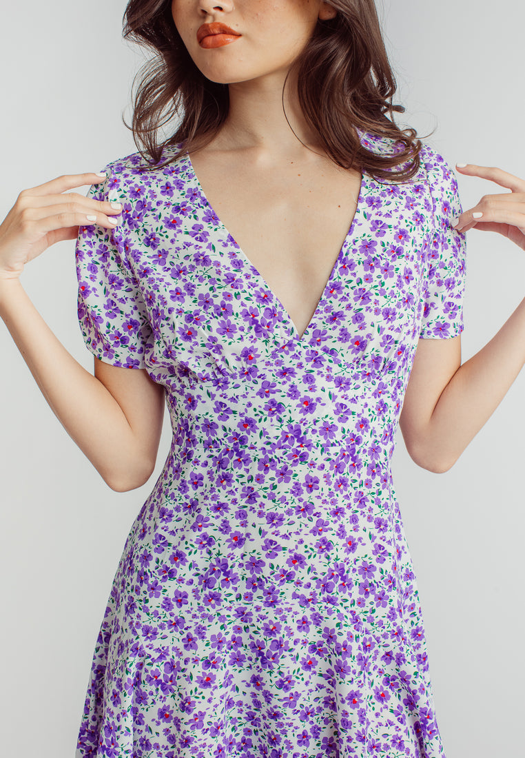 Harlene Purple Floral Print V Neckline Short Sleeve Mini Dress
