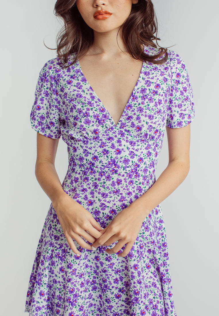 Harlene Purple Floral Print V Neckline Short Sleeve Mini Dress