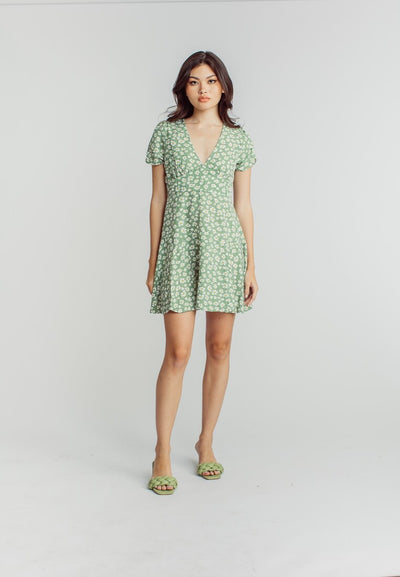 Harlene Green Floral Print V Neckline Short Sleeve Mini Dress