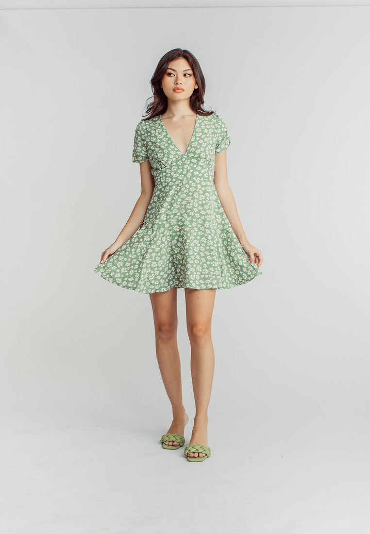 Harlene Green Floral Print V Neckline Short Sleeve Mini Dress