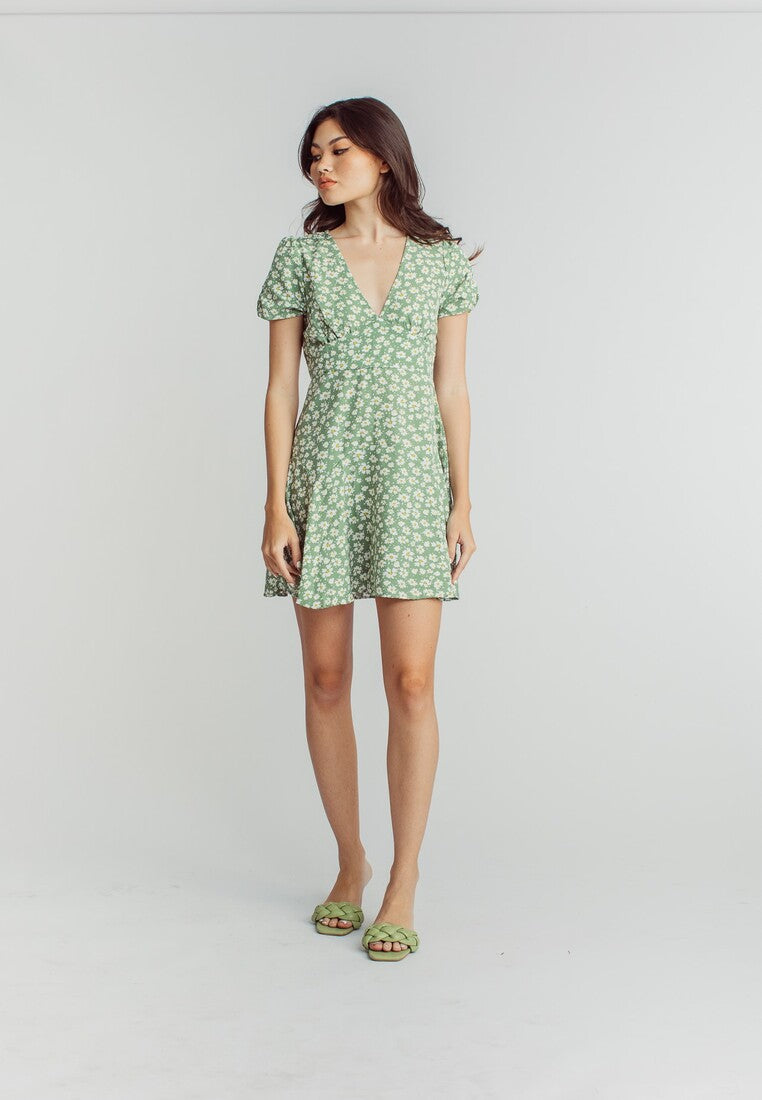 Harlene Green Floral Print V Neckline Short Sleeve Mini Dress