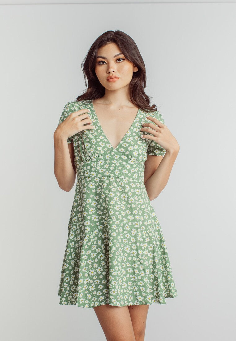 Harlene Green Floral Print V Neckline Short Sleeve Mini Dress
