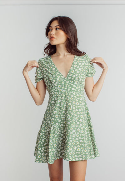 Harlene Green Floral Print V Neckline Short Sleeve Mini Dress