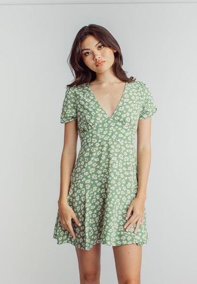 Harlene Green Floral Print V Neckline Short Sleeve Mini Dress