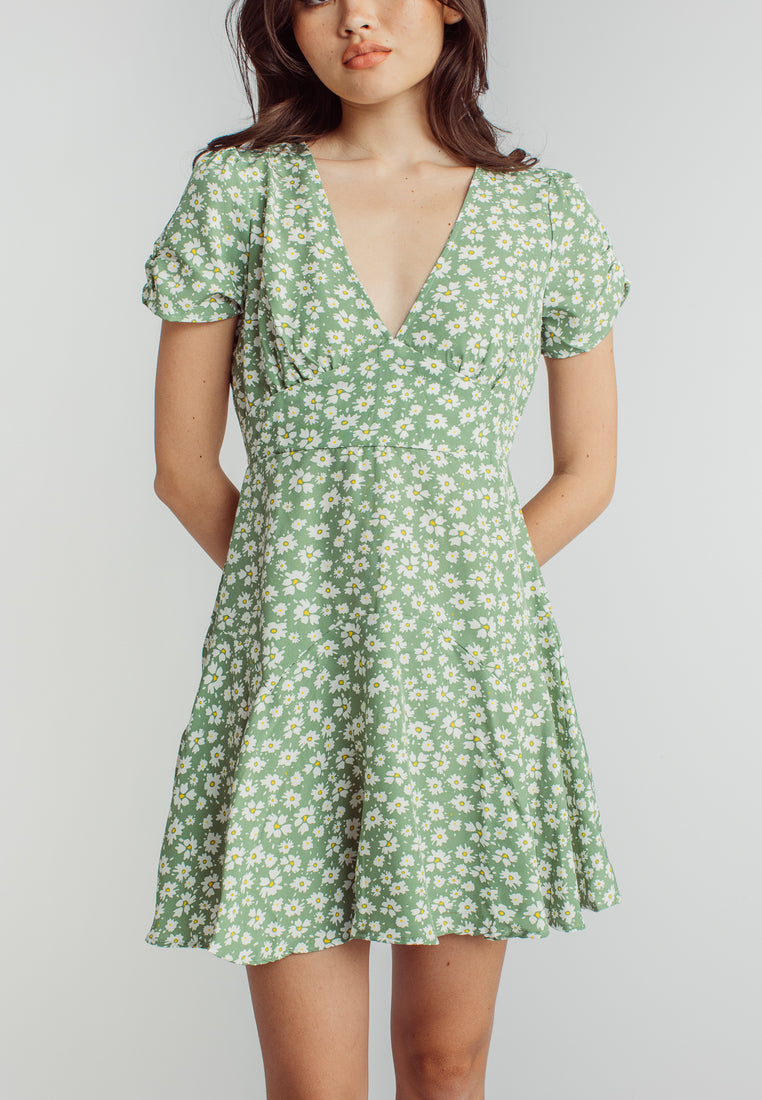 Harlene Green Floral Print V Neckline Short Sleeve Mini Dress