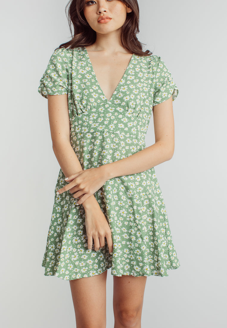 Harlene Green Floral Print V Neckline Short Sleeve Mini Dress