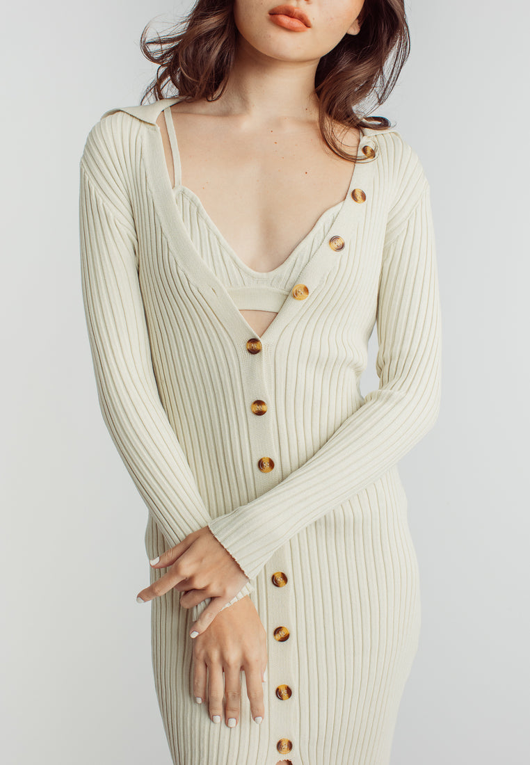 Garnet Off White Knitted V Neck Buttondown Long Sleeve Midi Dress